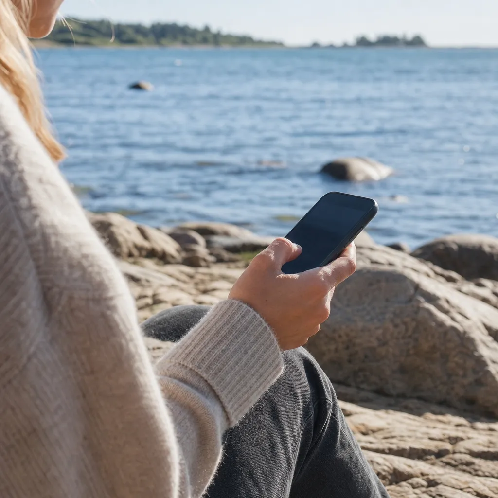 Person scrollar i mobilen utomhus på en svensk strand.