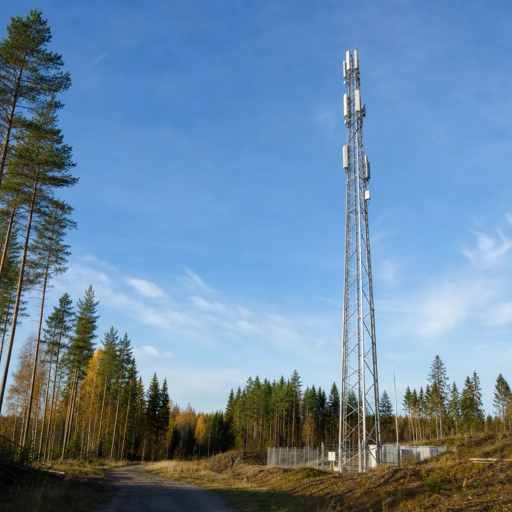 5G-mast i solnedgång över svensk landsbygd.