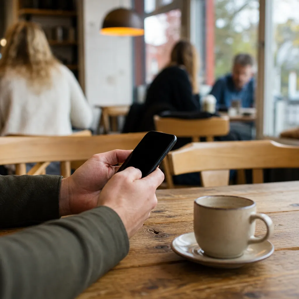 Mobil på köksbord bredvid kaffekopp.