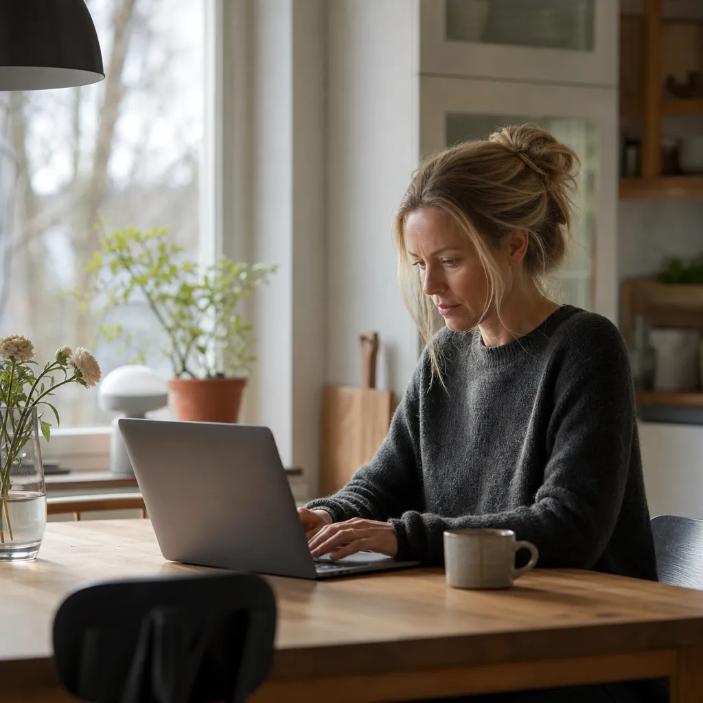 Person med laptop och hörlurar arbetar i hemmiljö, mobil bredvid.