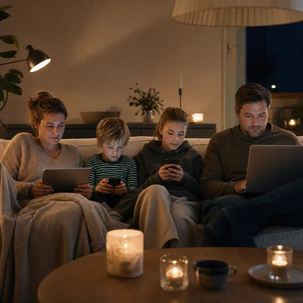Familj med fyra mobiler runt köksbordet.