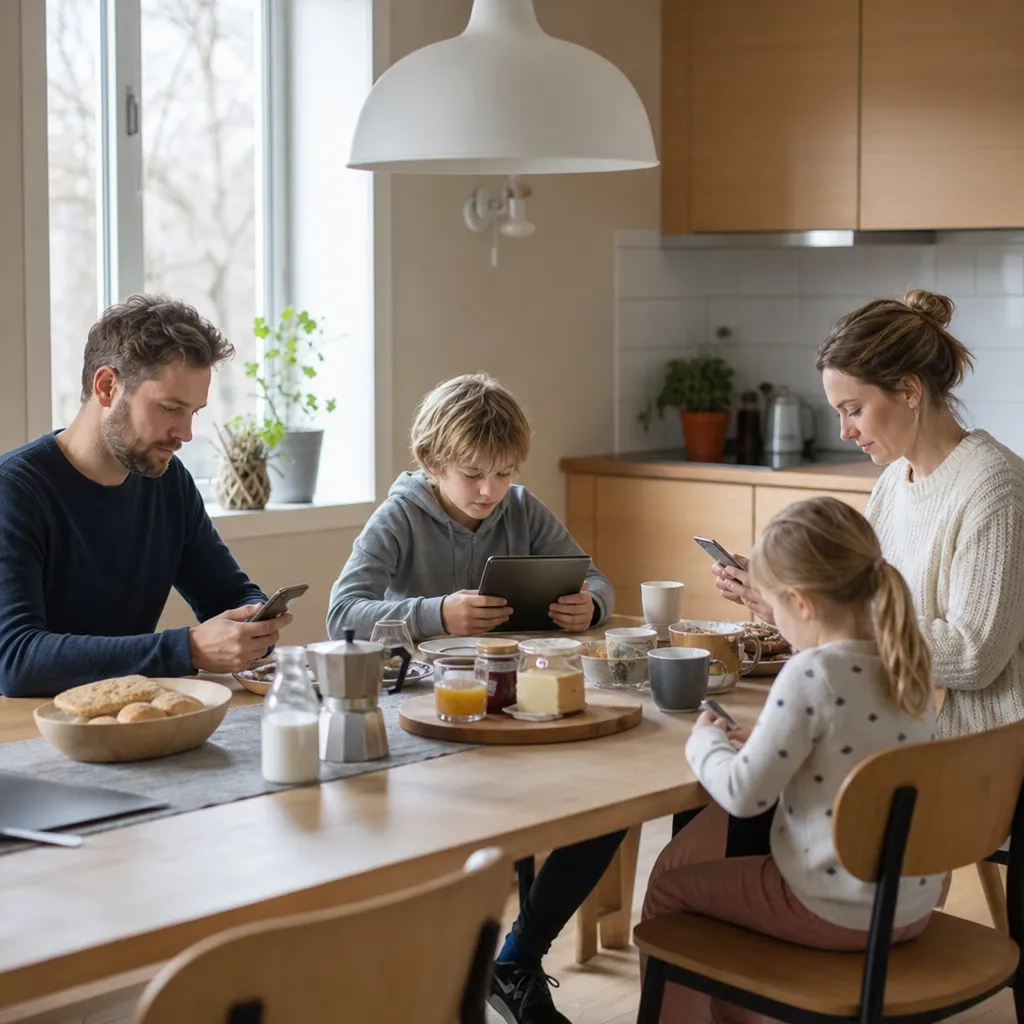 Familj samlad i soffa med mobil och surfplatta, kvällsljus.