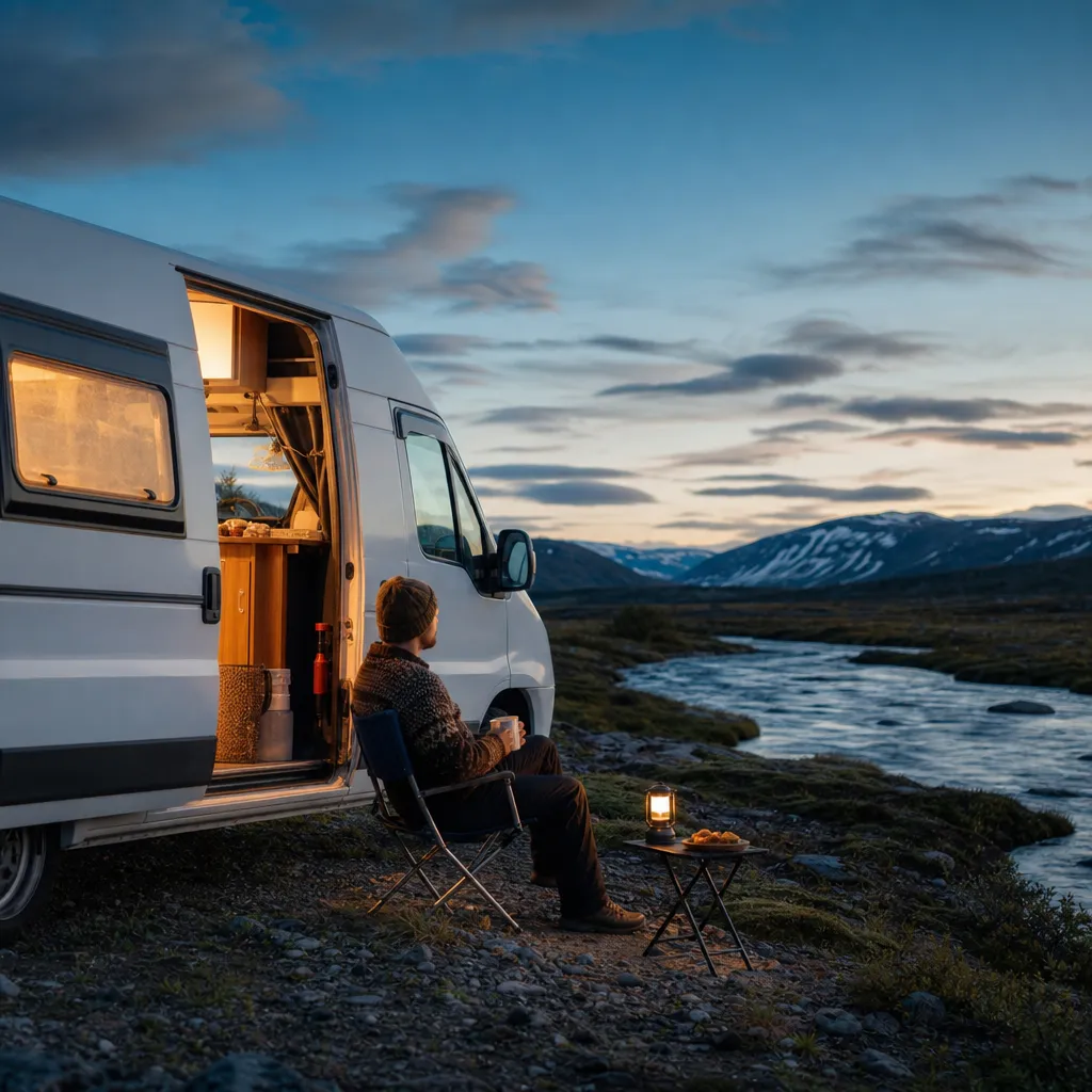 Husbil parkerad i skogsglänta med campingstolar och kaffekopp.