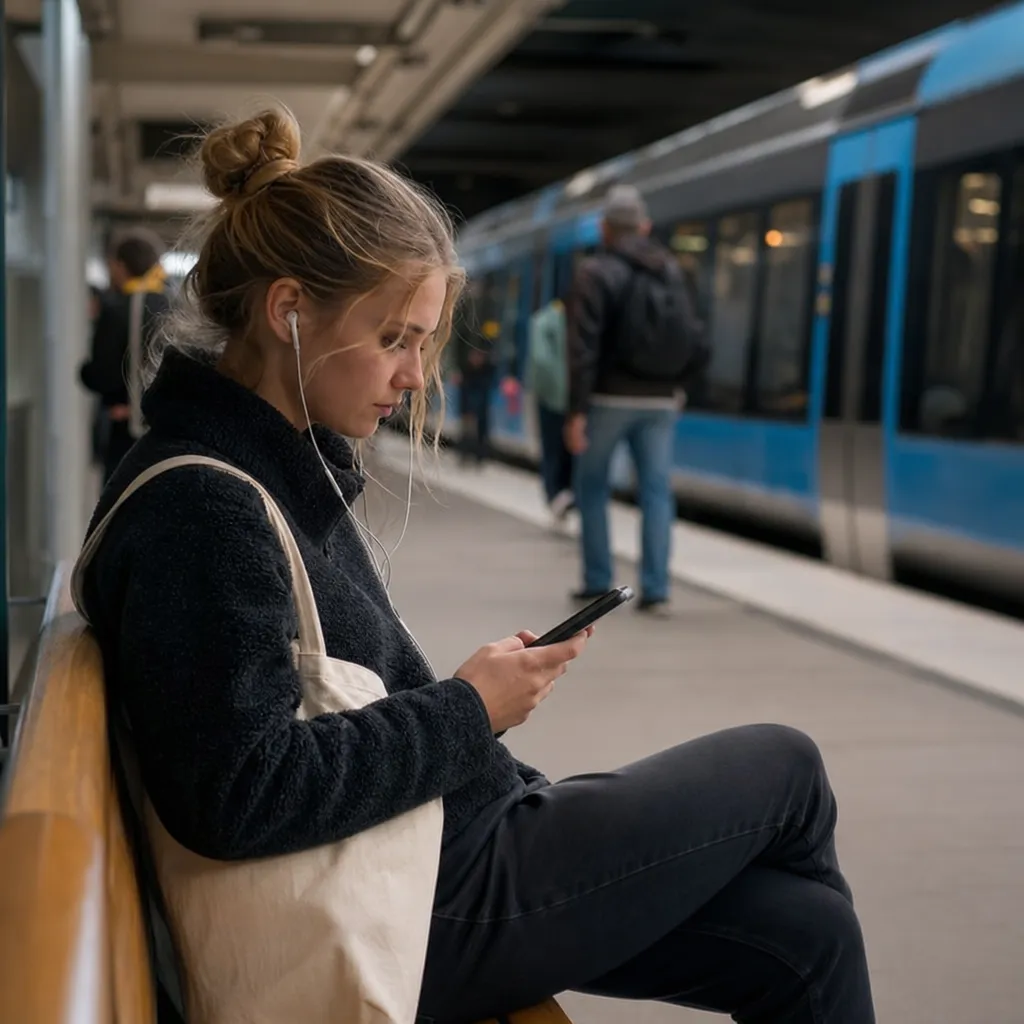 Pendlare som scrollar i mobilen i tunnelbanan.