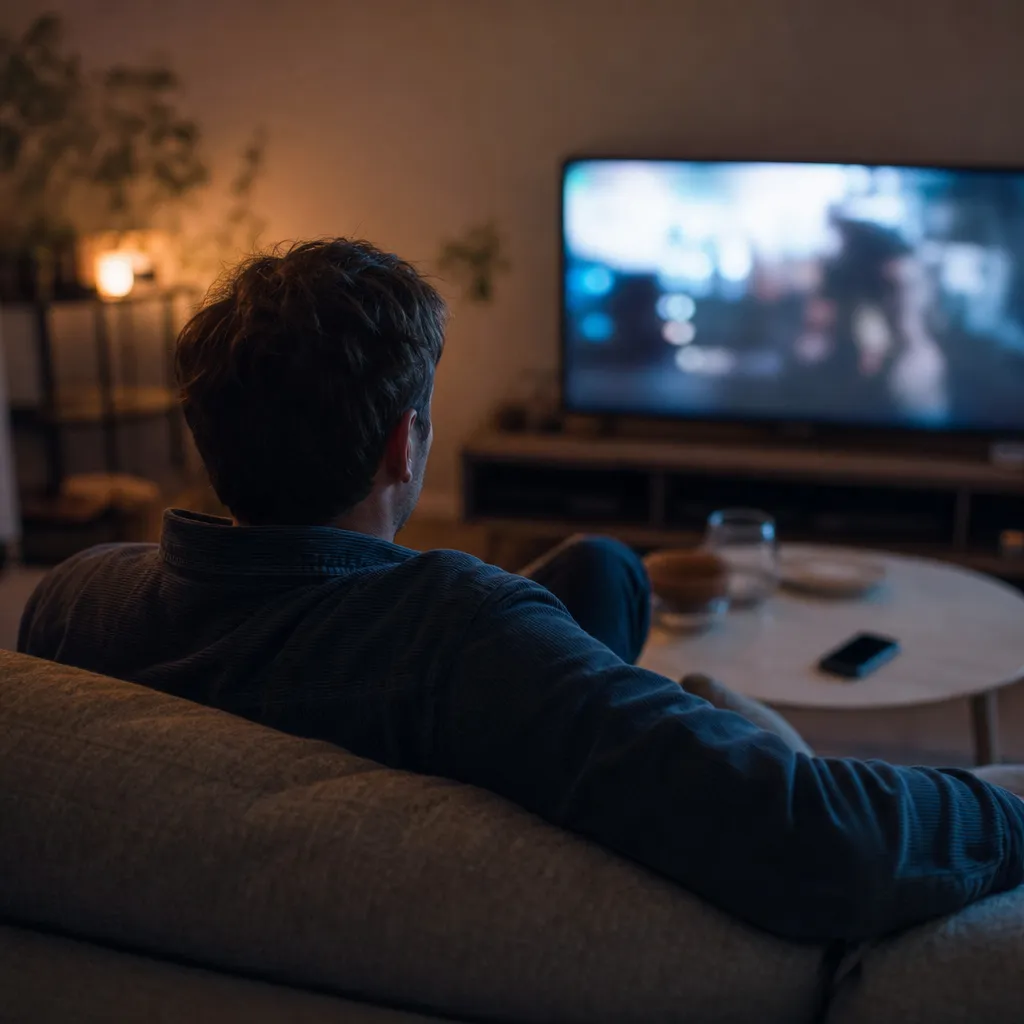 Person tittar på Netflix på mobilen i soffan
