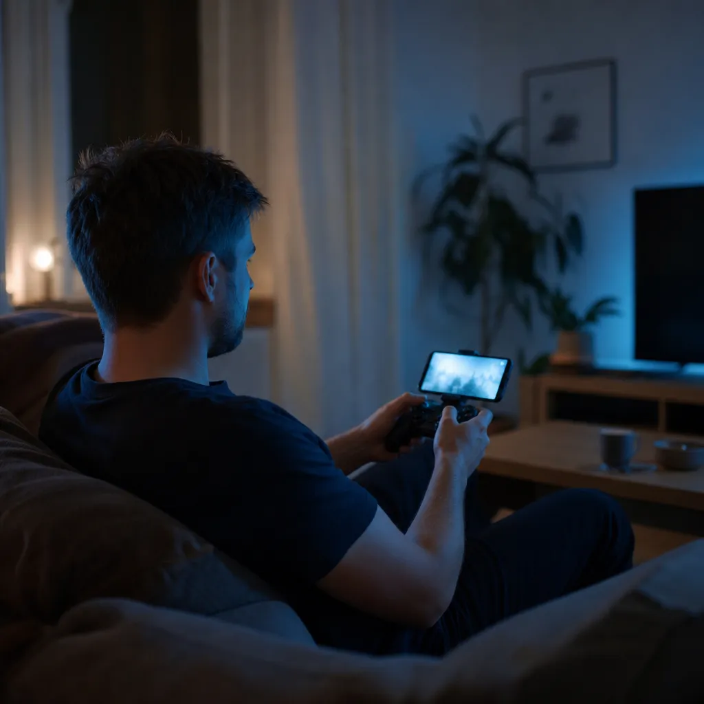 Person spelar mobilspel med controller