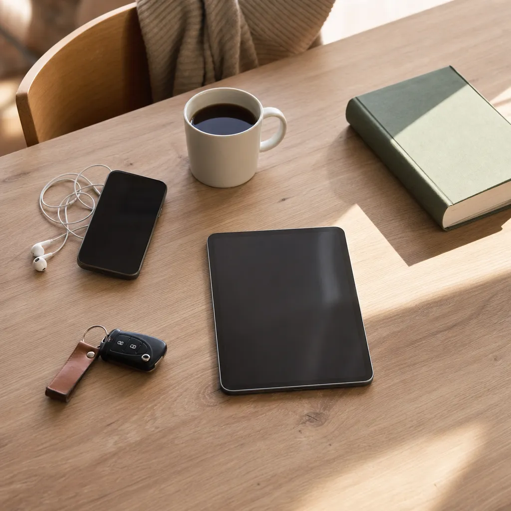 Vardagscollage: hand med mobil, tåg, soffa och bord med kaffe.