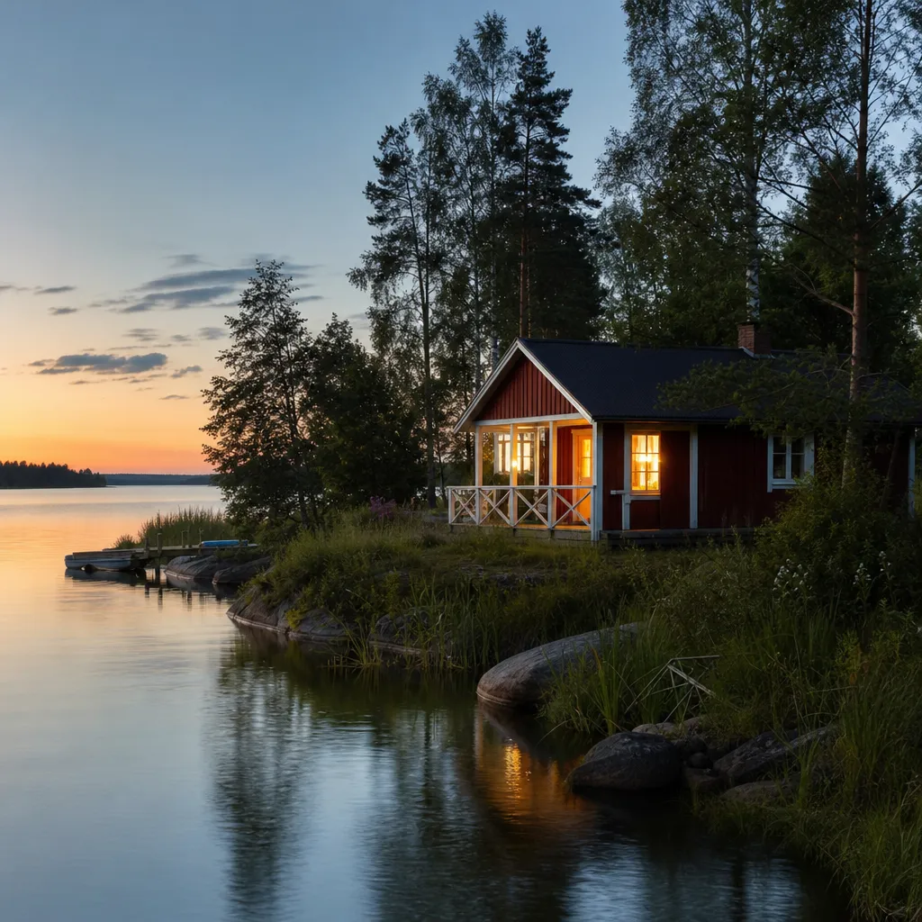 Röd stuga vid sjö i skogen, soltändning över verandan.