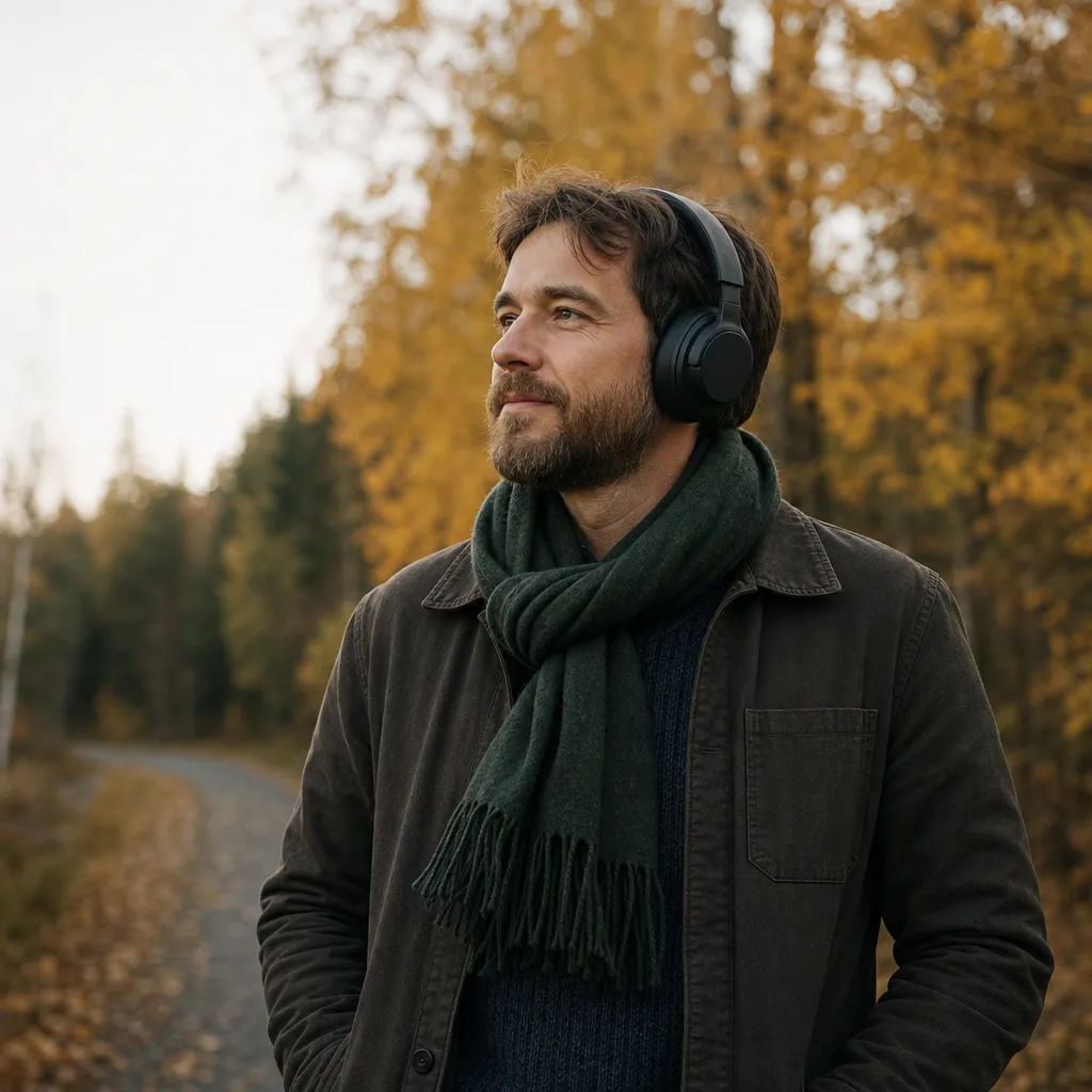 Person lyssnar på podcast med hörlurar