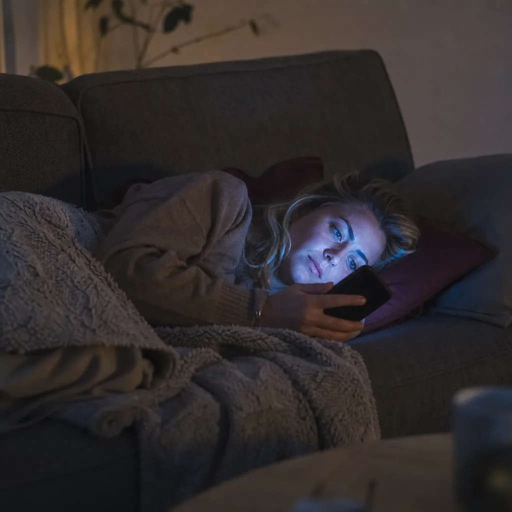 Mobilskärm med film, hörlurar bredvid på ett bord, kvällsljus.