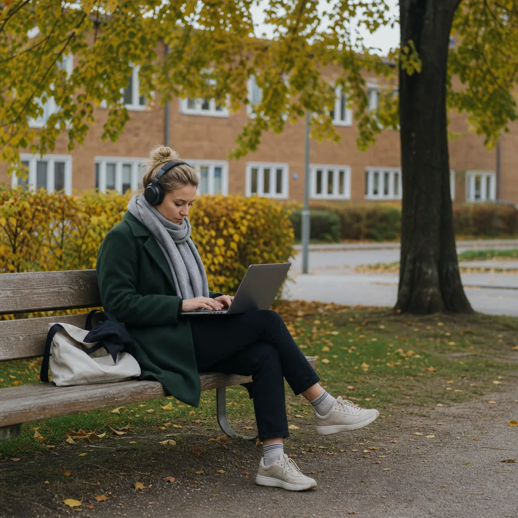 Student med laptop och mobil i ett bibliotek, eftermiddagsljus.