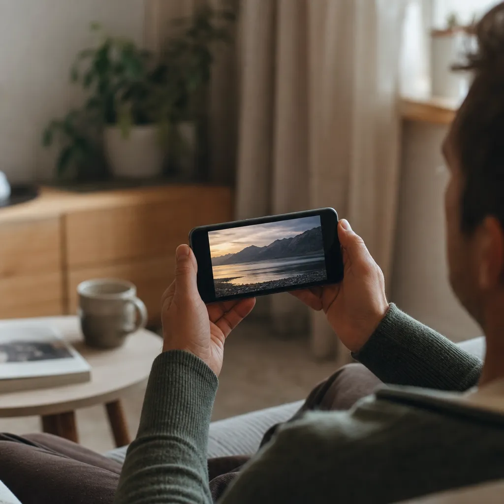 Person tittar på YouTube på mobilen i kollektivtrafik